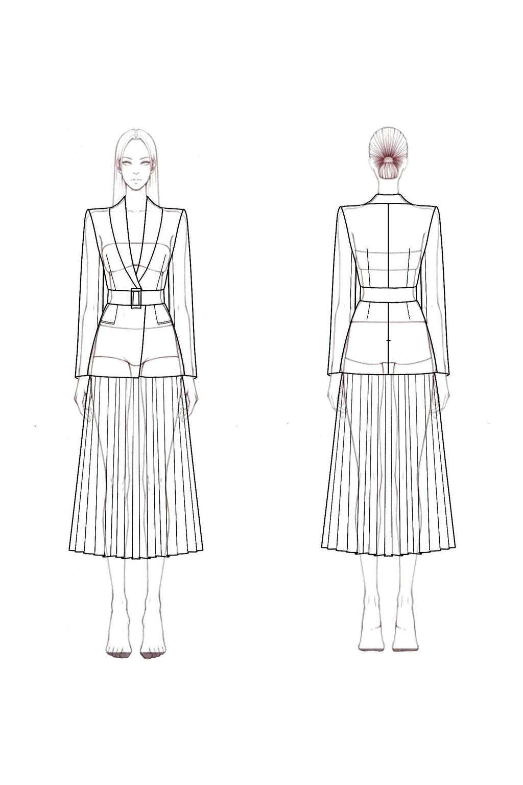 Work Blazer Suit White Lapel Pleated Midi Skirt Set