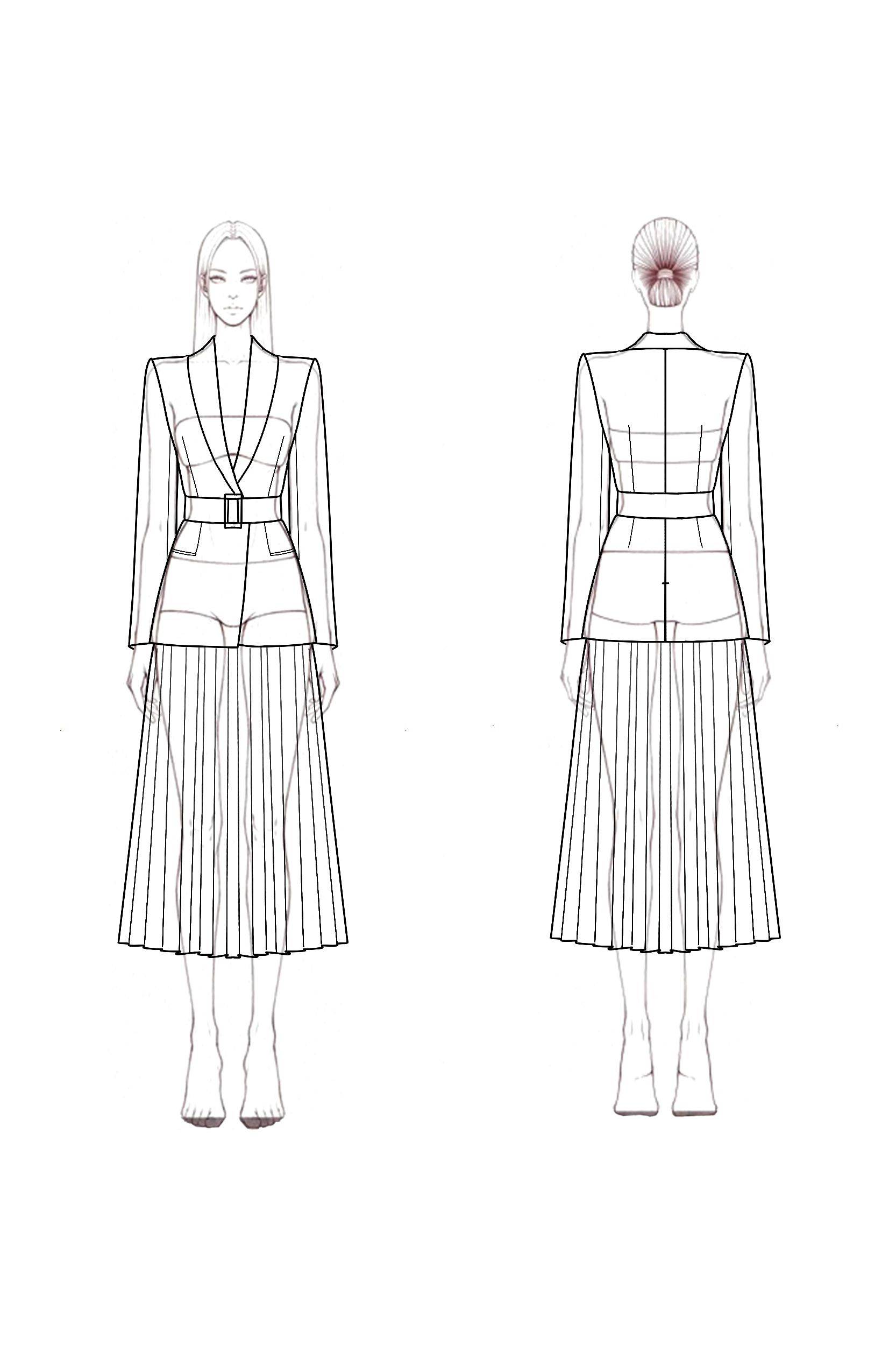 Work Blazer Suit White Lapel Pleated Midi Skirt Set
