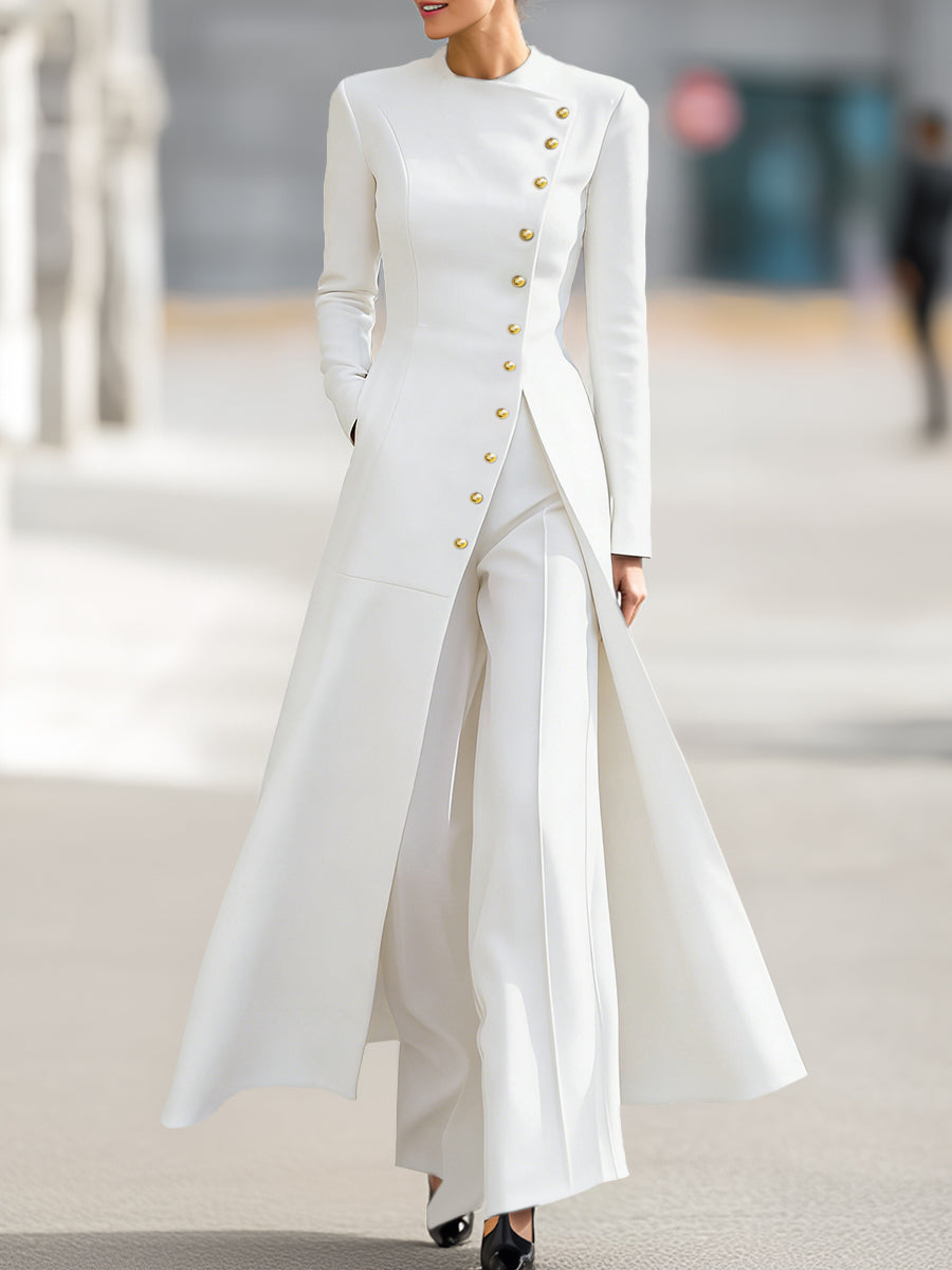 High Waisted Long Sleeves Buttoned Solid Color Split-Front Round-Neck Midi Dresses