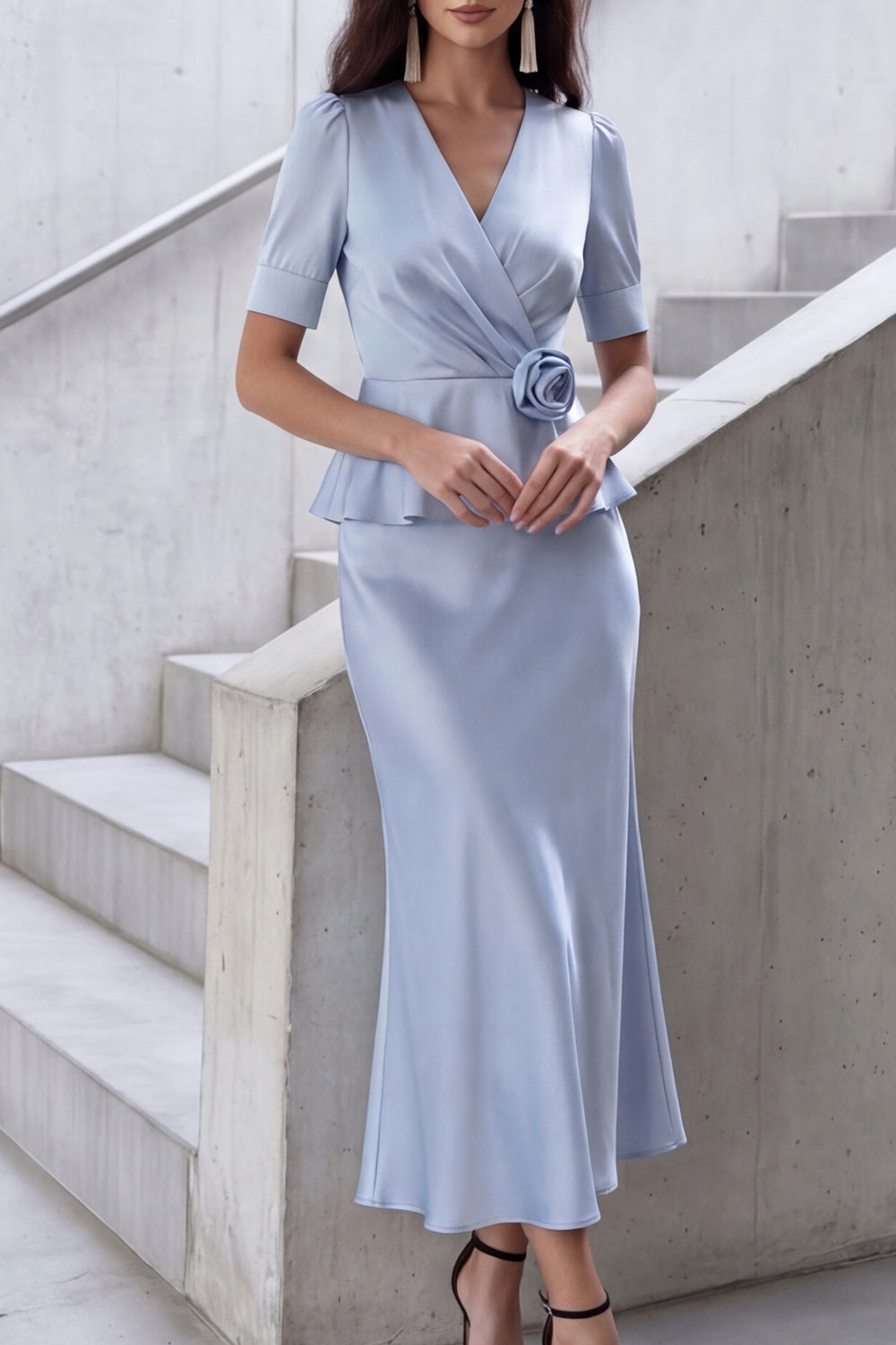 Light Blue Suit Sets V-Neck Mermaid Satin Midi Skirts Set