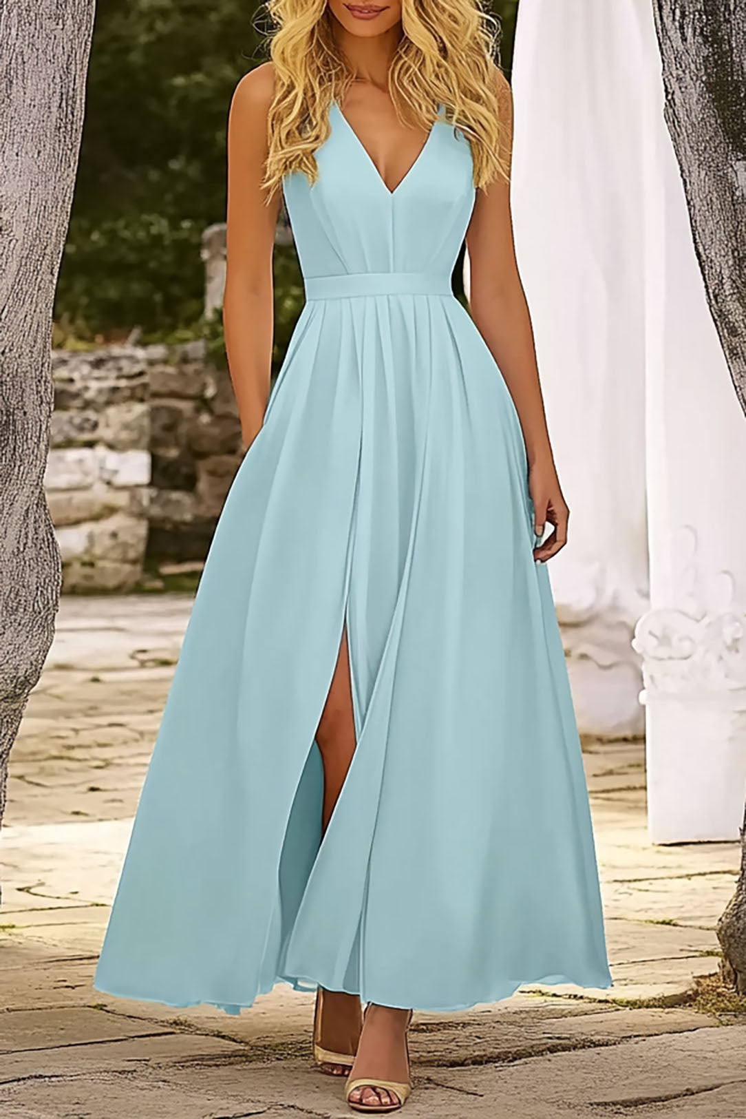 Vacation Dress Blue Deep V-Neck Sleeveless High Slit Maxi Dress