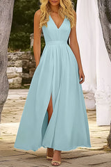 Vacation Dress Blue Deep V-Neck Sleeveless High Slit Maxi Dress