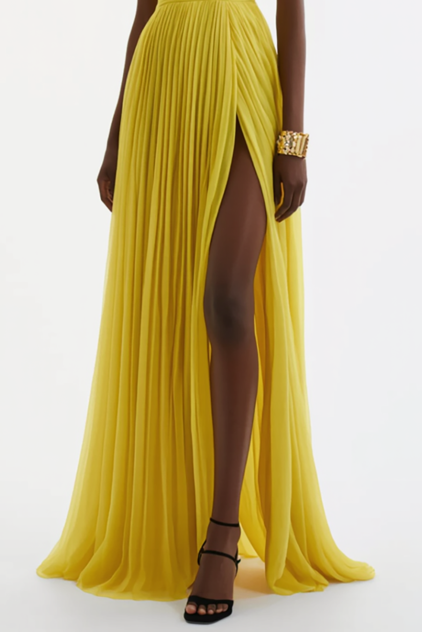 Evening Formal Dress Yellow One Shoulder Pleated Maxi Gown