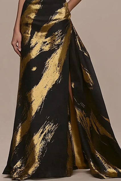 Formal Evening Black Gold Dress Off The Shoulder Split Maxi Dress