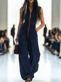 High Waisted Sleeveless Pockets Zipper Stand Collar Jumpsuits