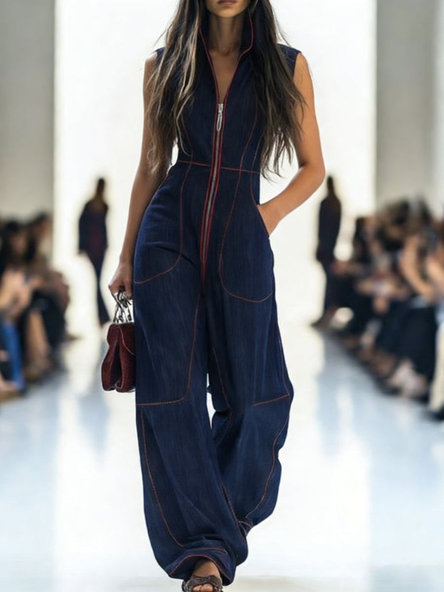 High Waisted Sleeveless Pockets Zipper Stand Collar Jumpsuits