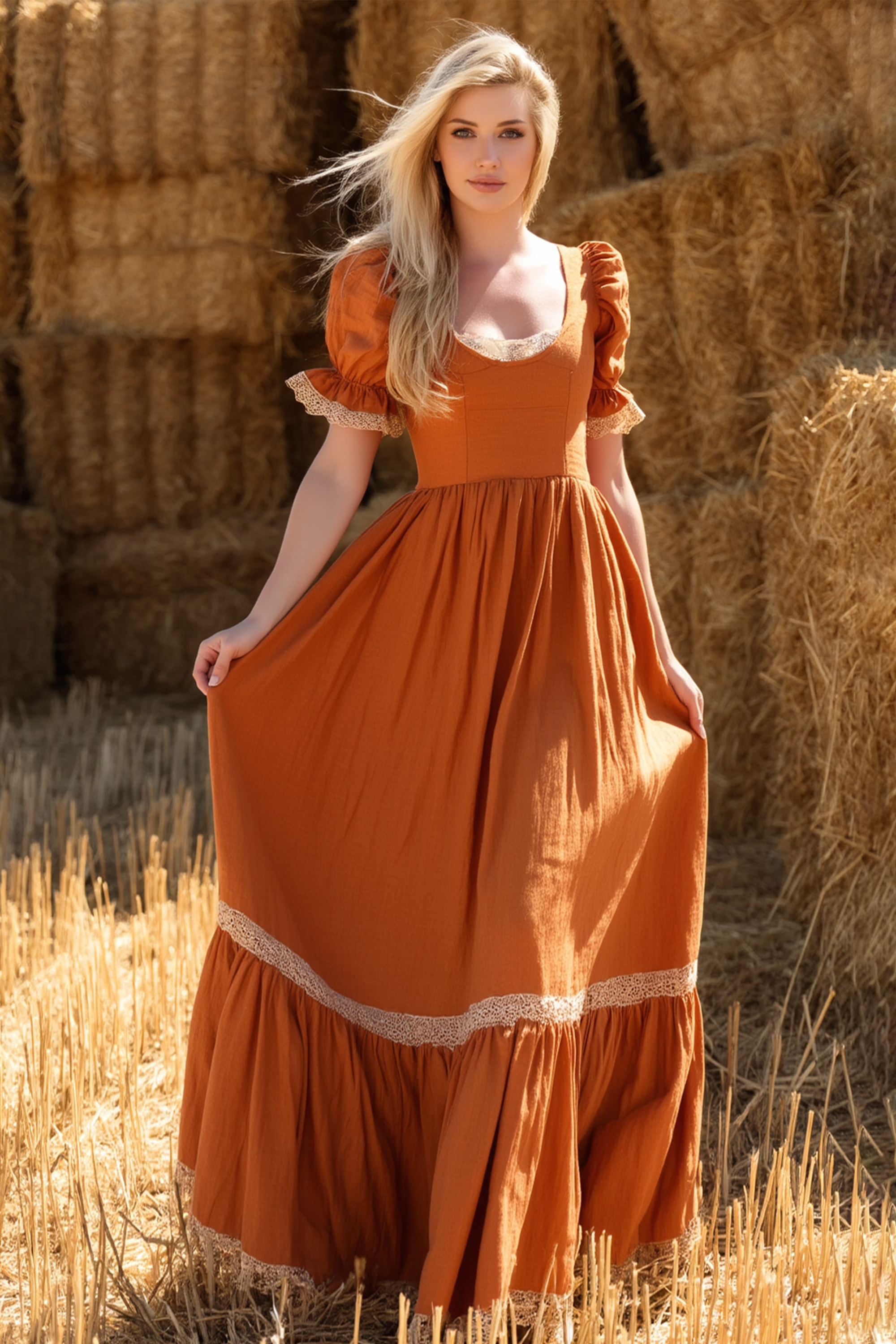 Bohemian Dress Orange U Neck Short Sleeve Maxi Dress