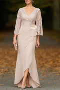 Mother of the Bride Dress Apricot Lace V Neck Flower Maxi Dress