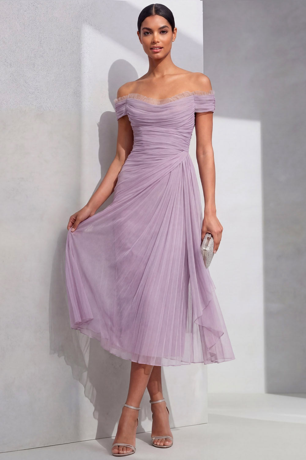 Lilac Formal Evening Dress Off the Shoulder Pleated Chiffon Midi Dress