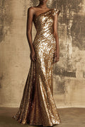 Formal Evening Sequin Dress Gold One-Shoulder Ruched Maxi Dress