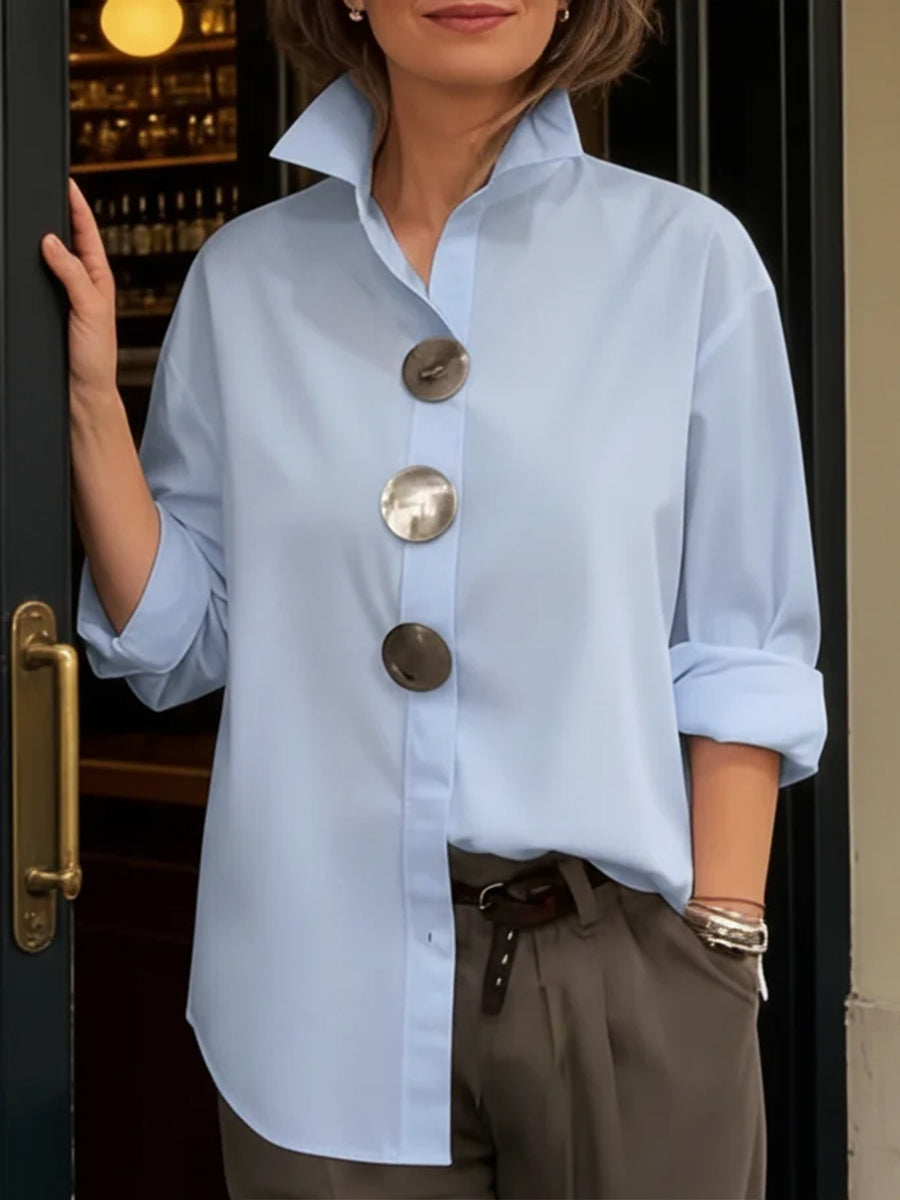 Long Sleeves Loose Buttoned Solid Color Split-Joint Lapel Blouses&Shirts Tops