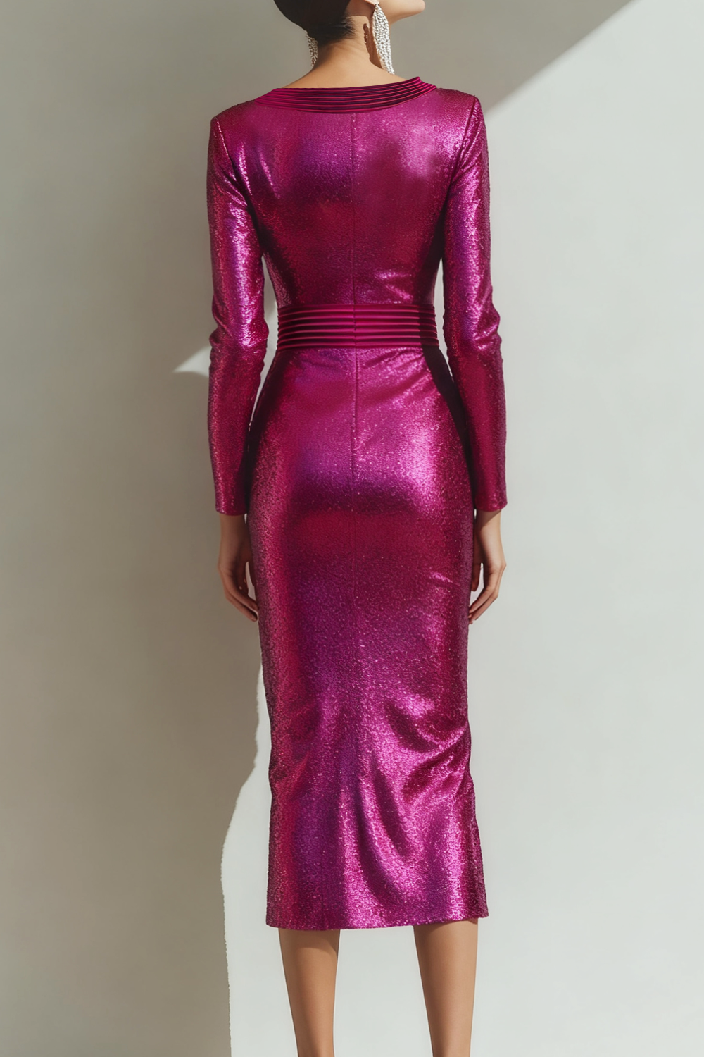 Formal Evening Dress Bodycon Fuchsia V-Neck Sequin Midi Dress