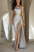 Formal Satin Dress Silver One Shoulder Slit Maxi Dress