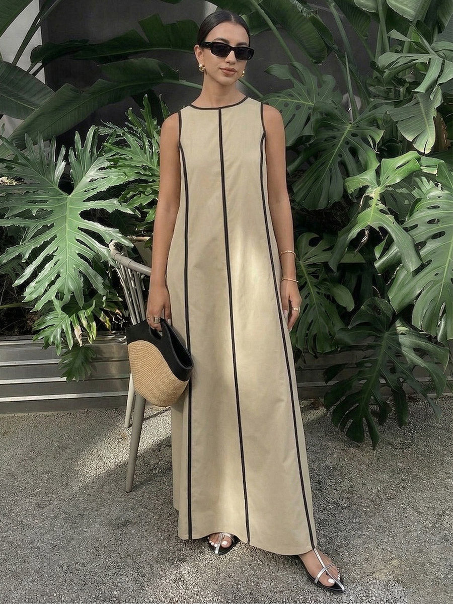 A-Line Loose Contrast Color Line Round-Neck Maxi Dresses
