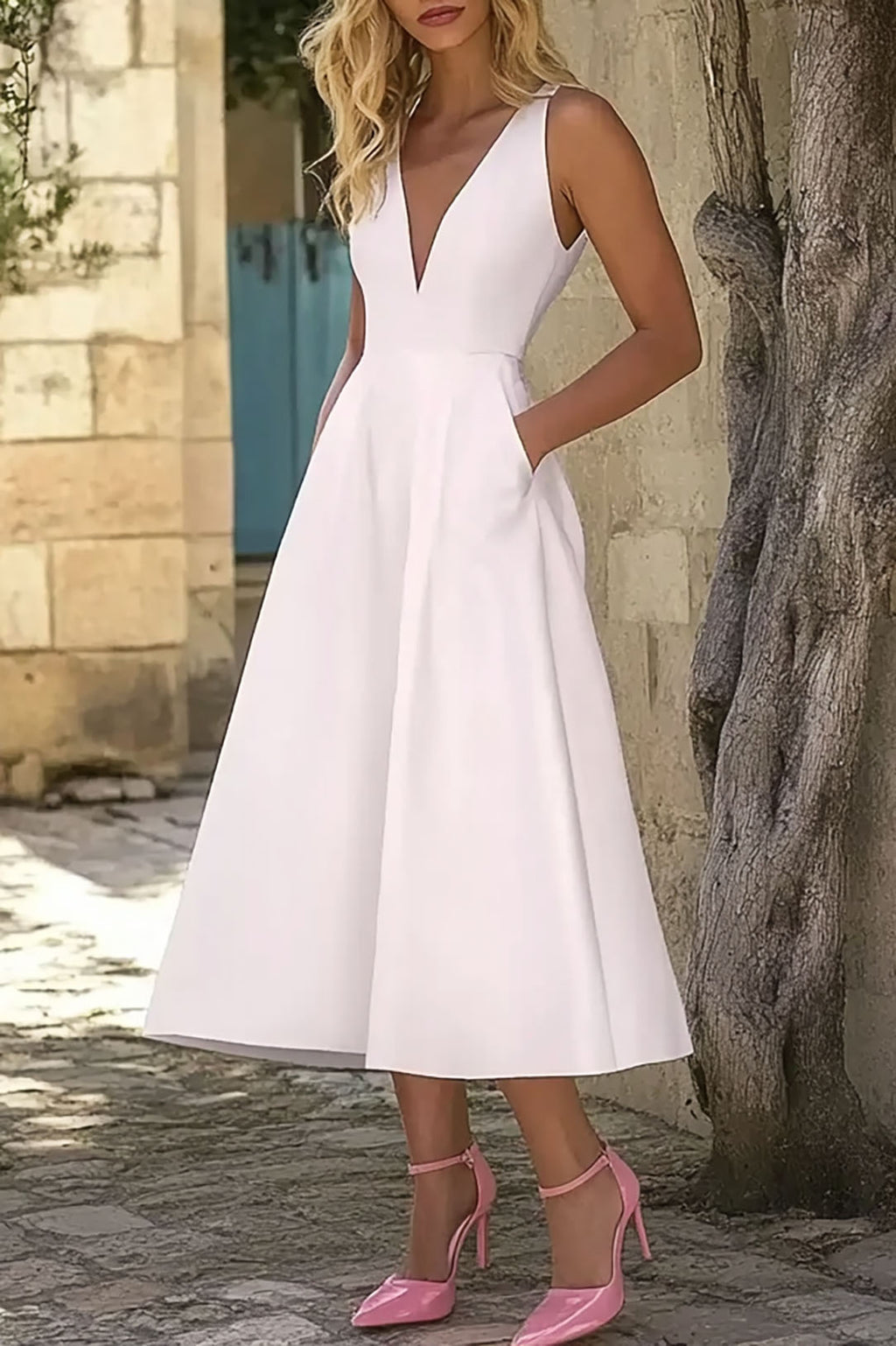 Semi-Formal Prom Dress Deep V-Neck With Pockets Sleeveless Midi Dress