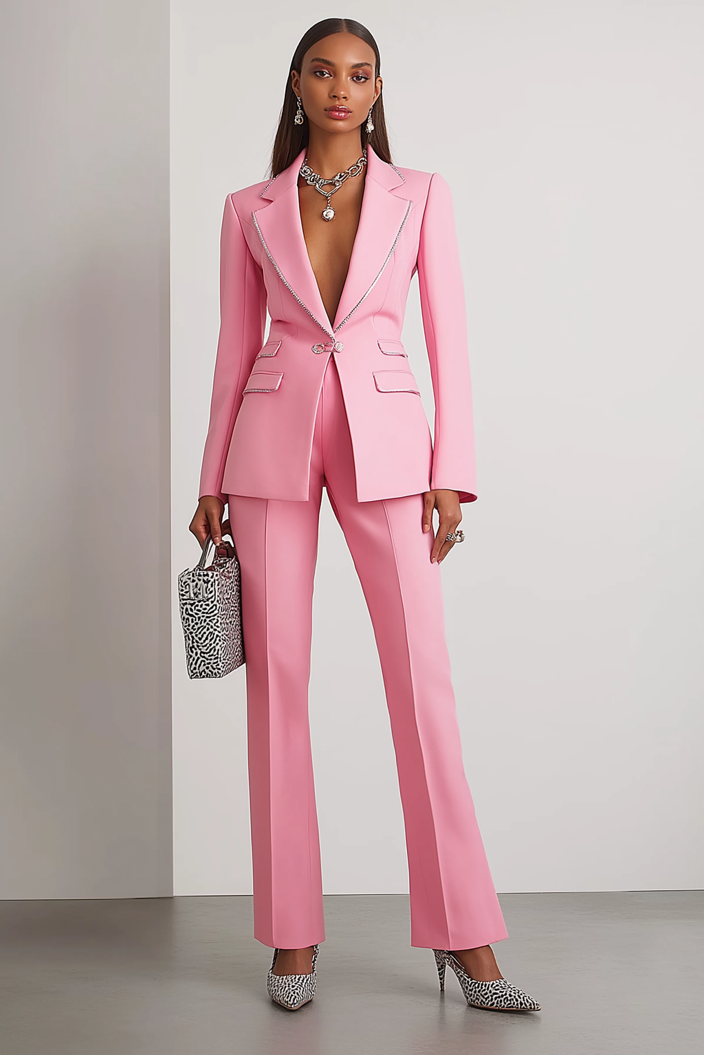 Work Formal Pants Suit Pink Long Sleeve Straight-Leg Blazer Set