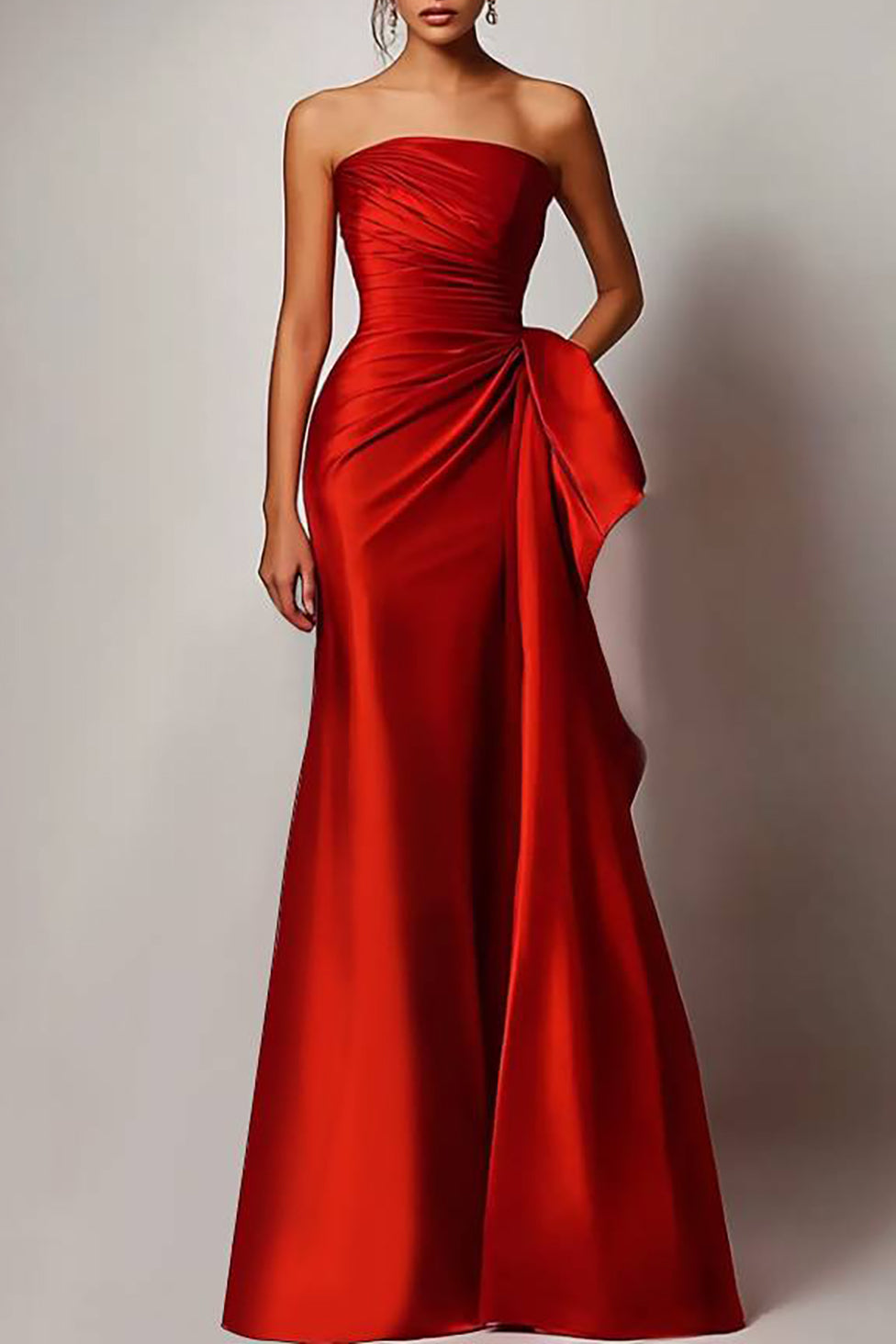 Evening Formal Dress Red Strapless Satin Maxi Gown
