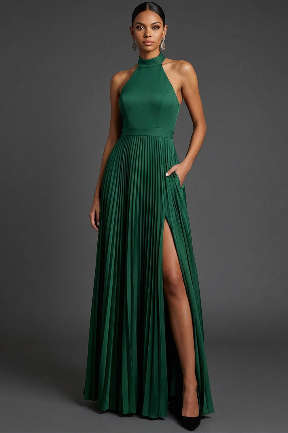 Dark Green Wedding Bridesmaid Dress Halter Pleated Maxi Dress with Slit