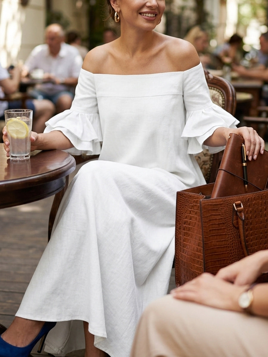 Half Sleeves Loose Solid Color Off-The-Shoulder Maxi Dresses