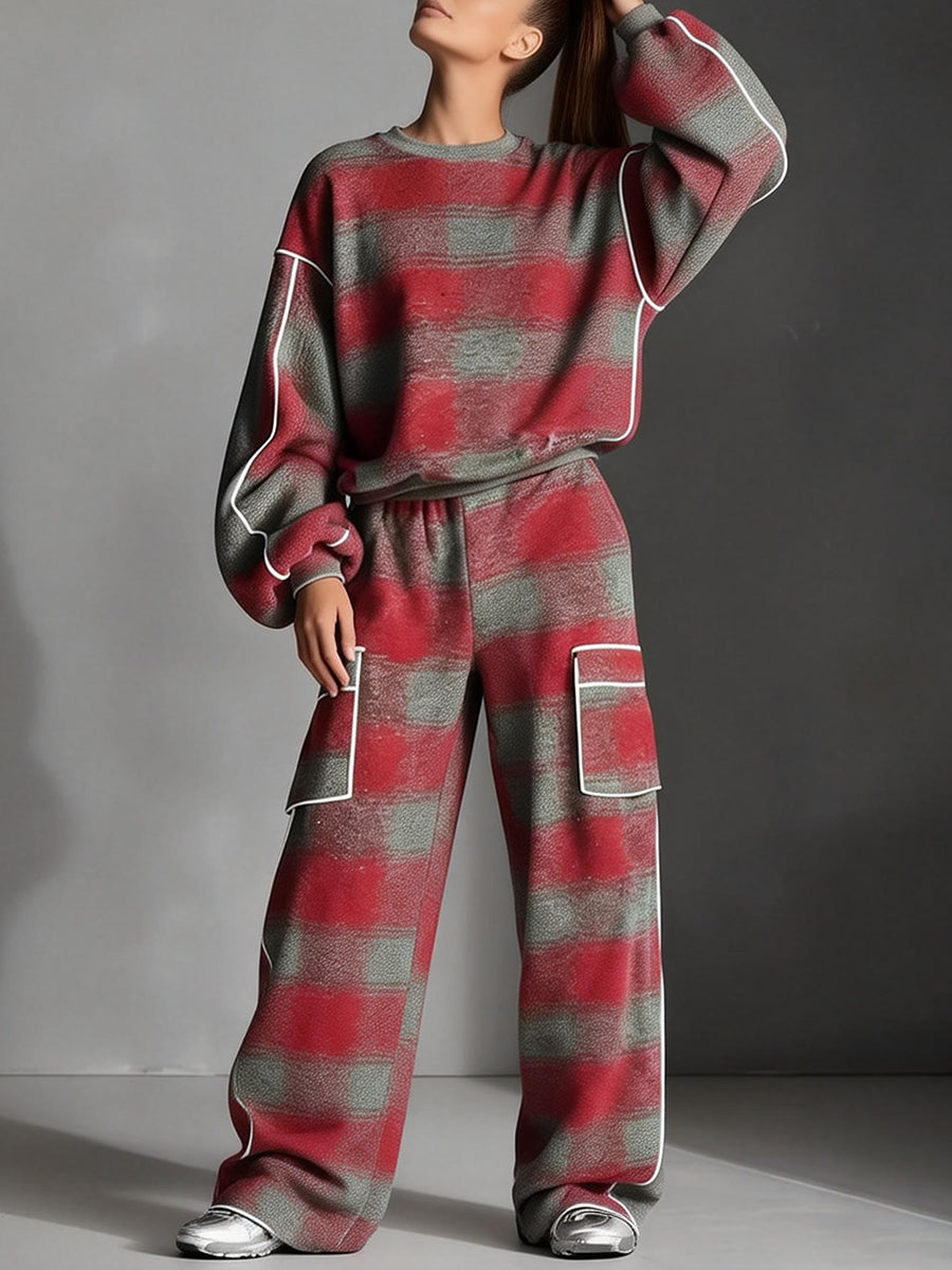 Long Sleeves Loose Contrast Color Line Split-Joint Striped Round-Neck Sweatershirt