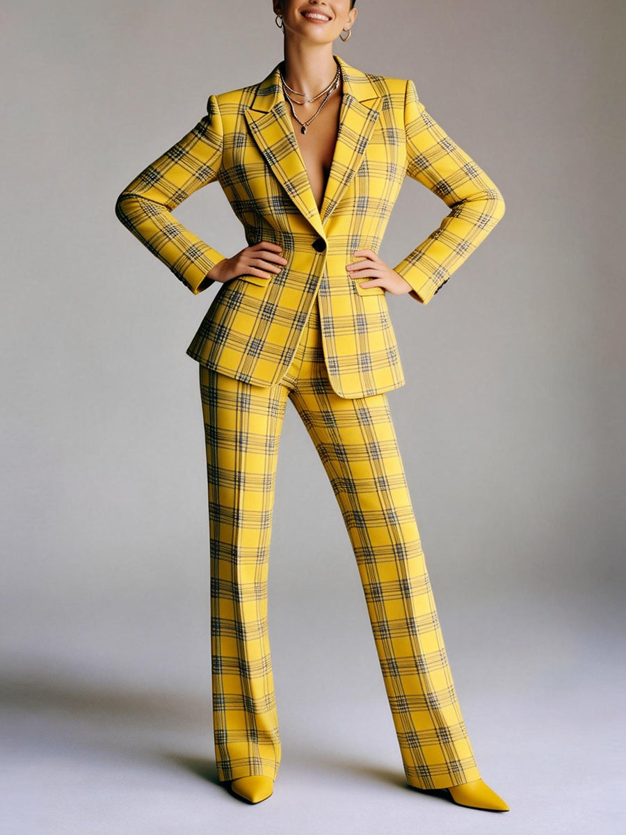 Column Loose Contrast Color Plaid Split-Joint Blazer Pants