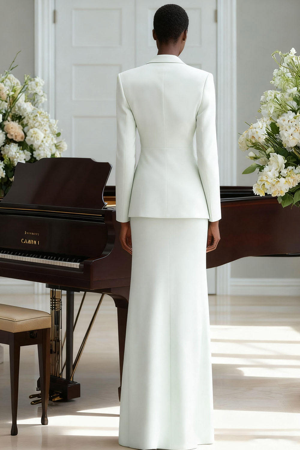 White Business Formal Blazer Suit Lapel Long Sleeve Maxi Skirt Set