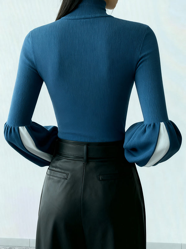 Long Sleeves Puff Sleeves Contrast Color High Neck Pullovers