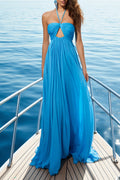 Vacation Party Dress Blue Halter Pleated Maxi Gown