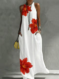 Loose Sleeveless Contrast Color Flower Print Pockets Round-Neck Maxi Dresses