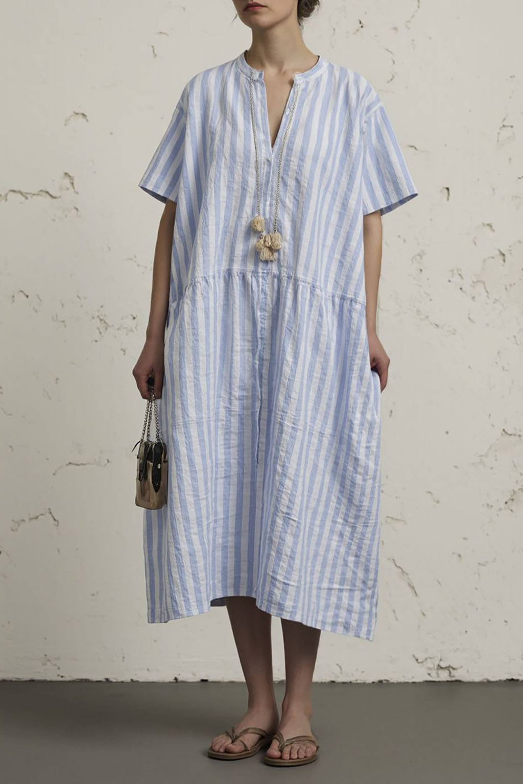 Vacation Casual Dress Blue and White Striped V-Neck Loose Midi Dress