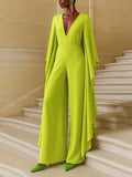 Flared Sleeves High Waisted Pockets Solid Color Deep V-Neck Jumpsuits