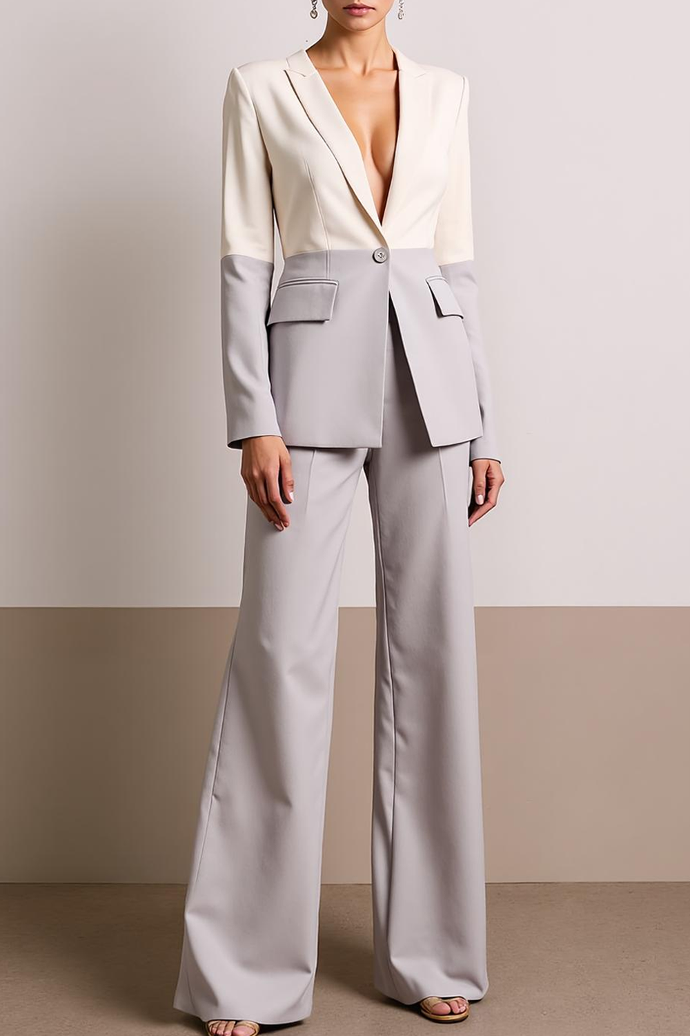 Work Formal Pants Suit White V-Neck Long Sleeves Pants Set