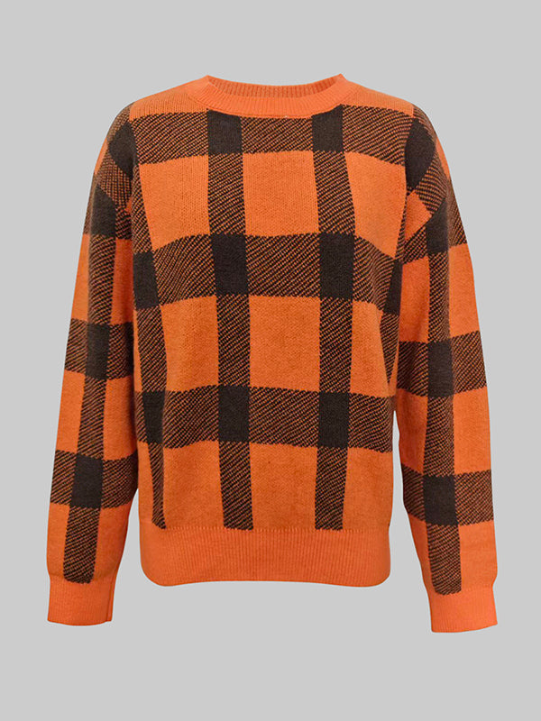 Long Sleeves Contrast Color Plaid Mock Neck Sweater Tops