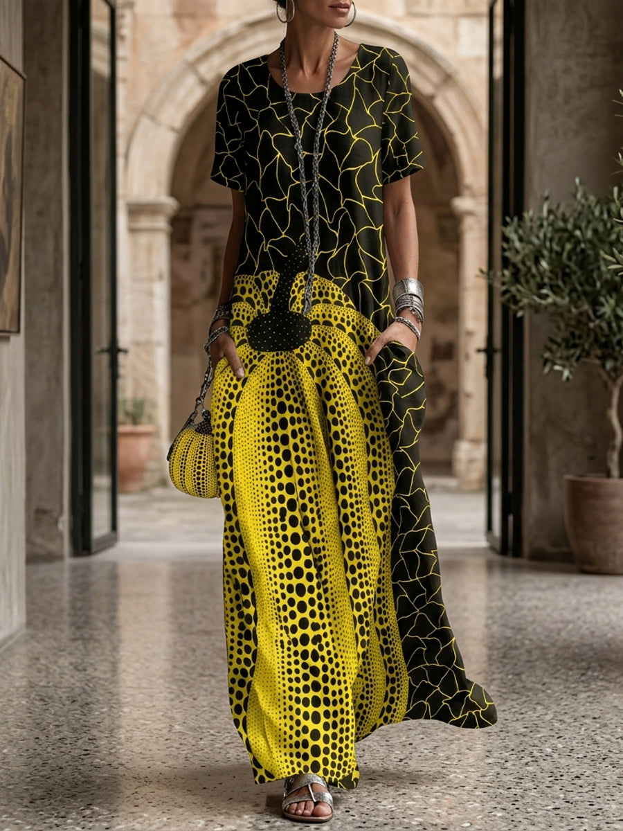 Loose Short Sleeves Contrast Color Pockets Printed Maxi Dresses