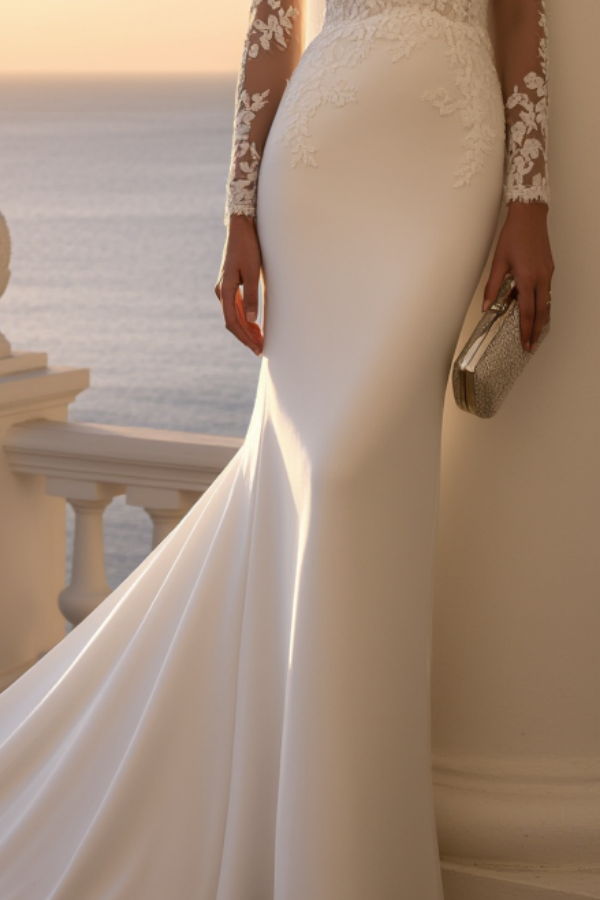 Wedding Dress White Boat Neck Lace Maxi Long Sleeve Dress