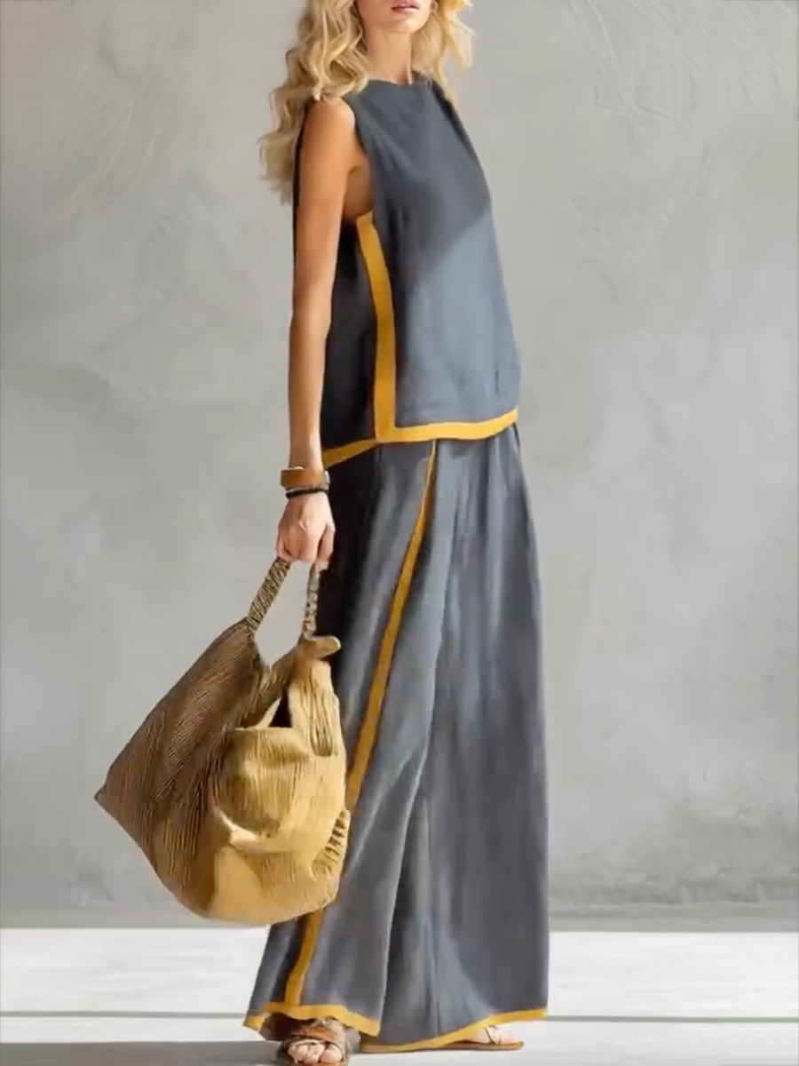 Contrast Color High Waisted Pants + Round-Neck Sleeveless Top Two Pieces Set