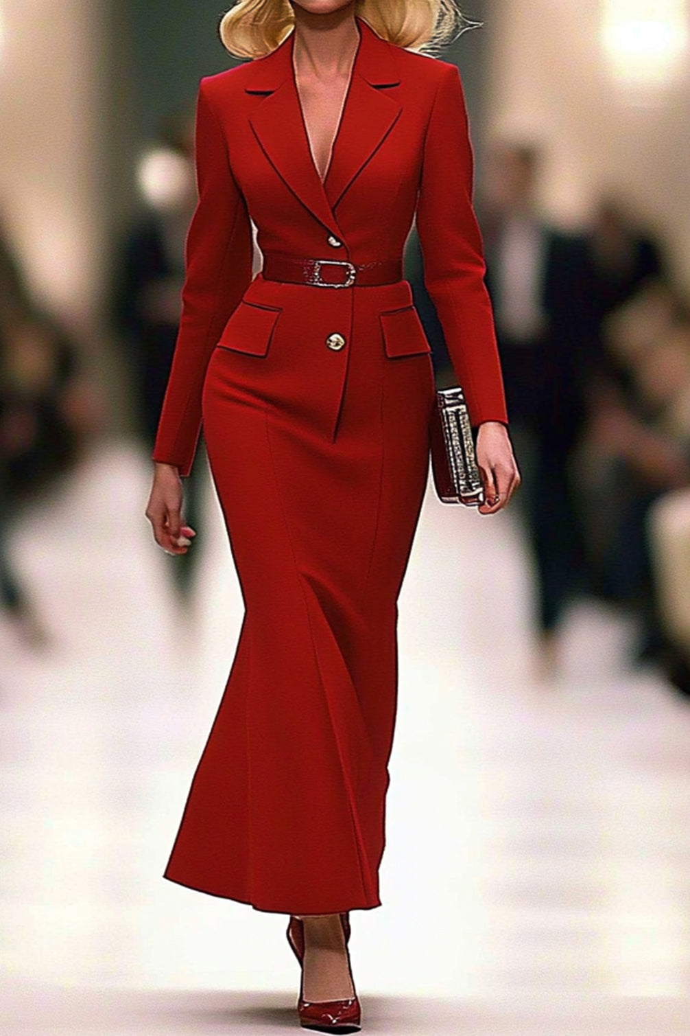 Work Business Blazer Dress Red V Neck Lapel Sheath Maxi Dress