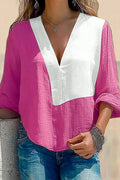 Casual Daily Top Pink White Colorblock Deep V Loose Long Sleeve Shirt