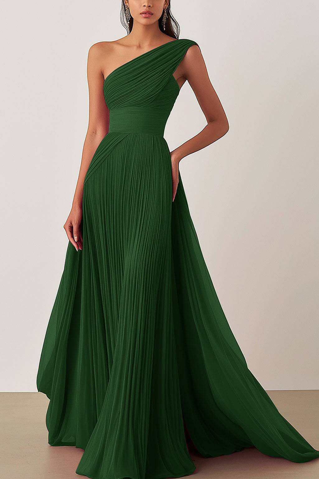 Prom Formal Pleated Dress Rose Color One-Shoulder Maxi Dress