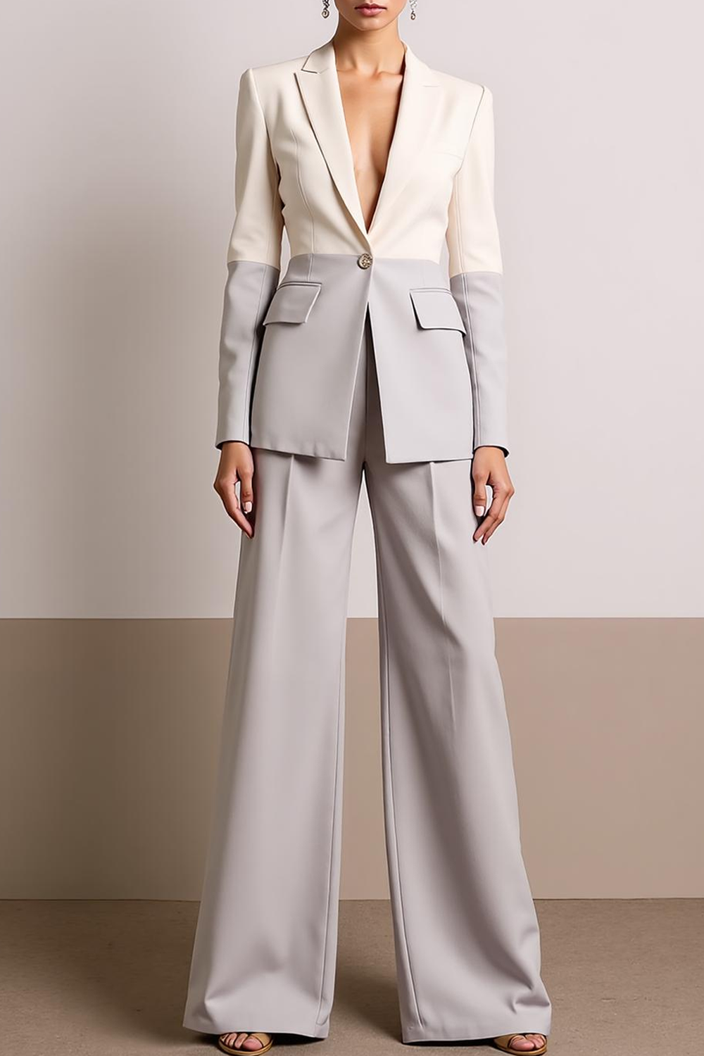 Work Formal Pants Suit White V-Neck Long Sleeves Pants Set
