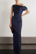 Navy Formal Dress Sheath Asymmetrical Neck Satin Maxi Dress