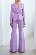 Work Formal Pants Suit Purple Long Sleeve Belt Wide-Leg Blazer Set