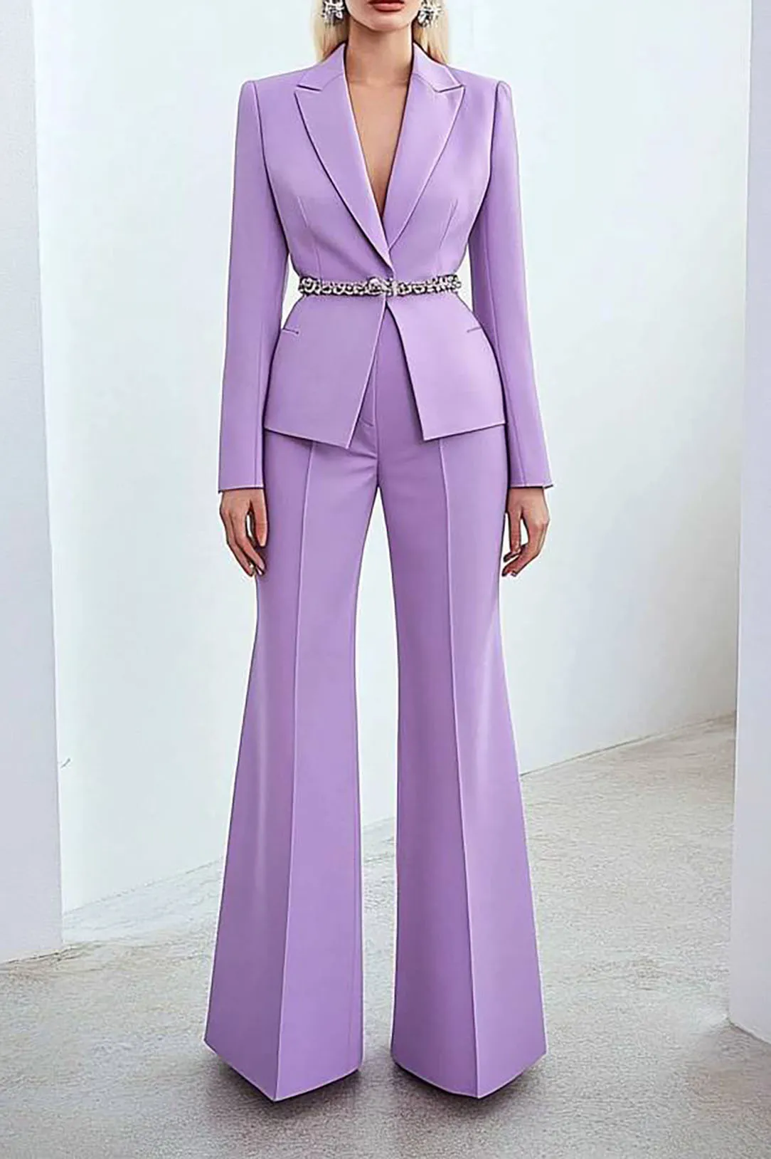 Work Formal Pants Suit Purple Long Sleeve Belt Wide-Leg Blazer Set