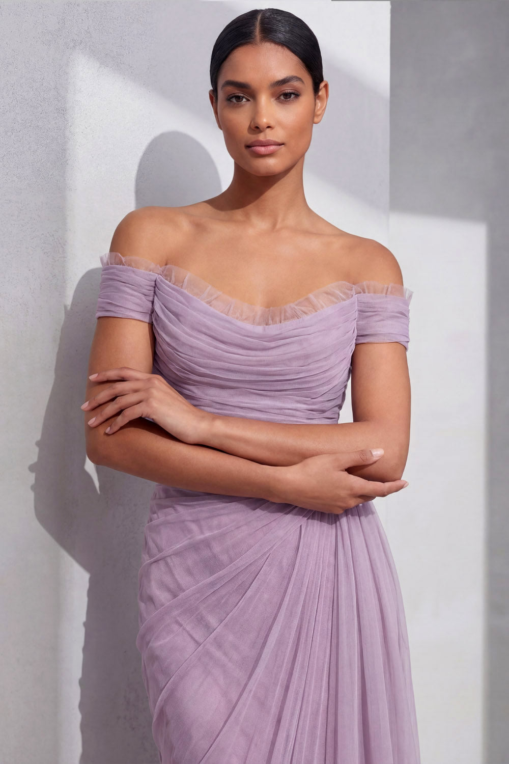 Lilac Formal Evening Dress Off the Shoulder Pleated Chiffon Midi Dress