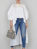 High-Low Long Sleeves Hollow Pleated Solid Color Round-Neck Blouses&Shirts Tops