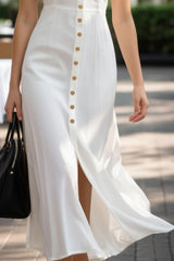 Casaul Vacation Dress White Sleeveless Buttons Midi Dress