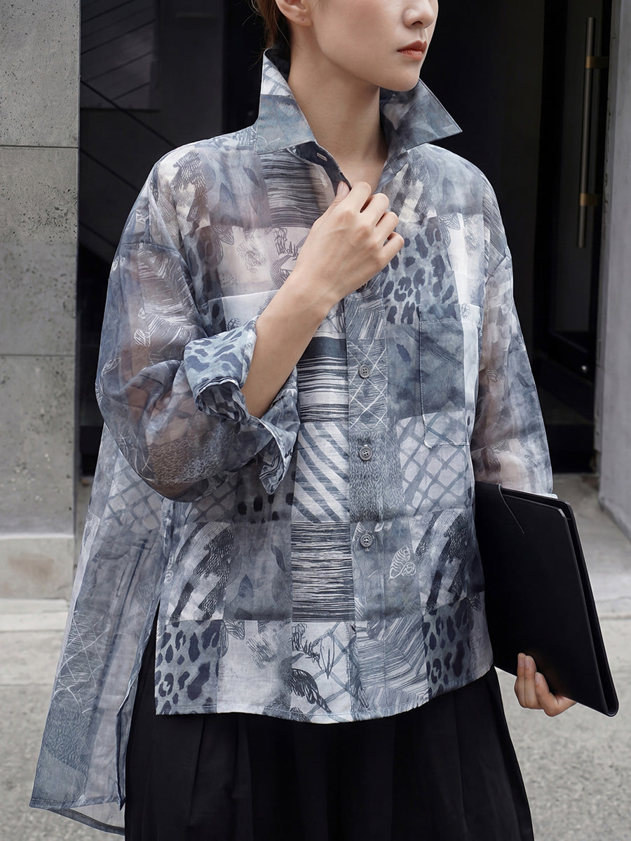High-Low Long Sleeves Buttoned Contrast Color Printed See-Through Split-Joint Lapel Blouses&Shirts Tops