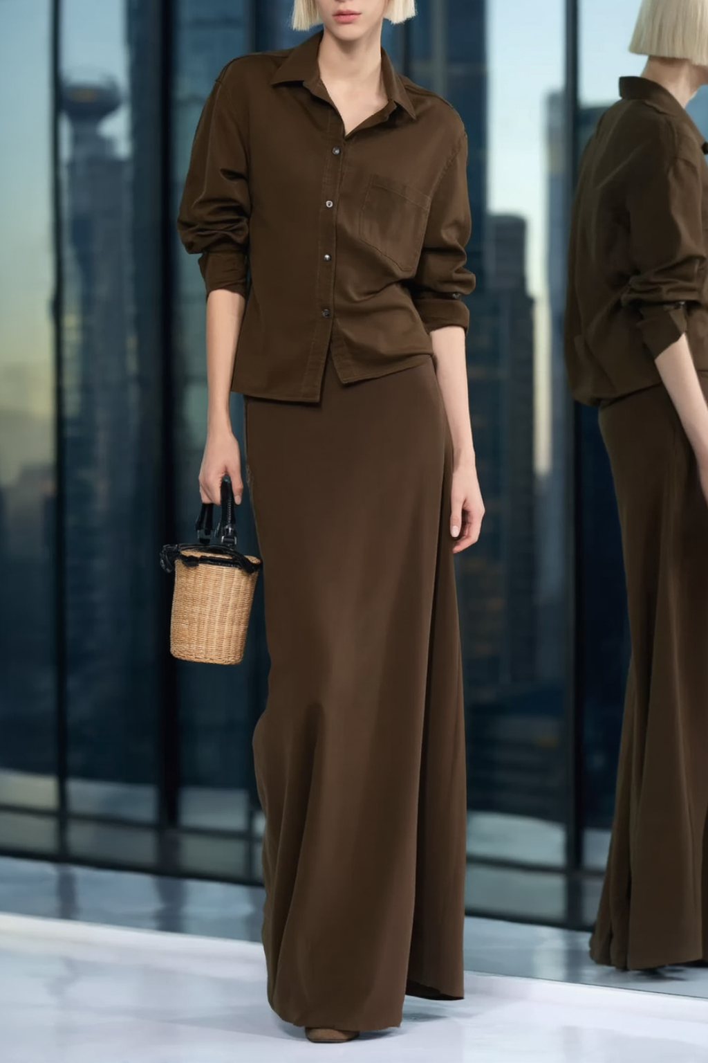 Casual Set Coffee Shirt Collar Maxi Skirt Two-Piece Set