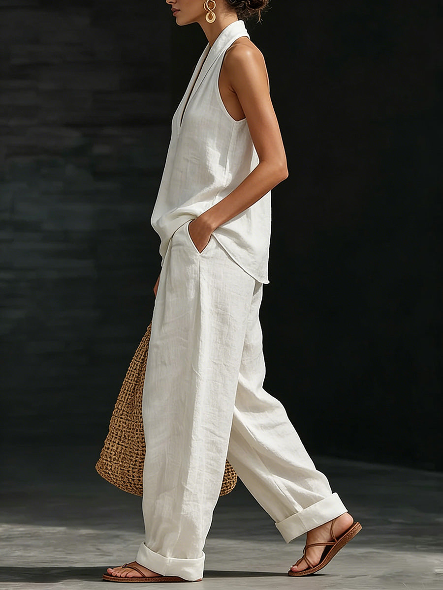 Loose Solid Color V-Neck Sleeveless Vest Top + Pockets Pants Trousers Two Pieces Set