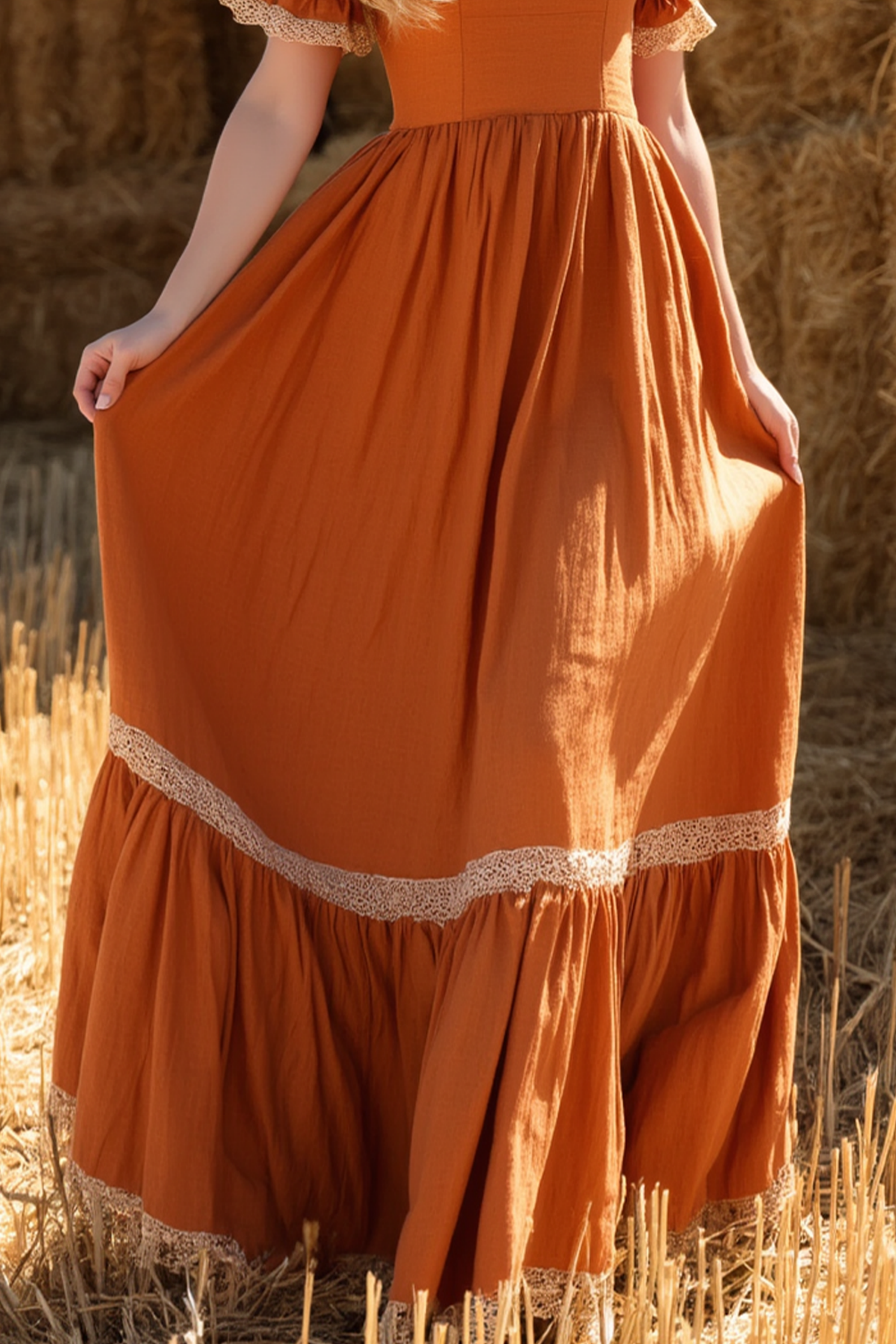 Bohemian Dress Orange U Neck Short Sleeve Maxi Dress